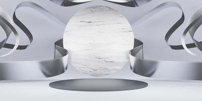 旗帜和蝴蝶结背景彩带背景和产品展示展示架3D插图