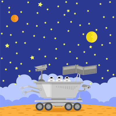 在宇宙背景中孤立的月球车图标。用于调查，研究，研究，调查的机器人空间飞行器