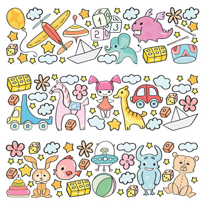 矢量图案与儿童玩具。幼儿园元素在涂鸦风格的小孩。教育、游戏、成长