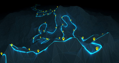 一个蜿蜒的徒步旅行路线概述与路径点的山脉- 3d插图