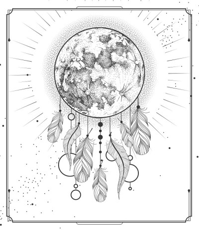 现代魔法魔法卡与捕梦者和完全现实的月亮。矢量图