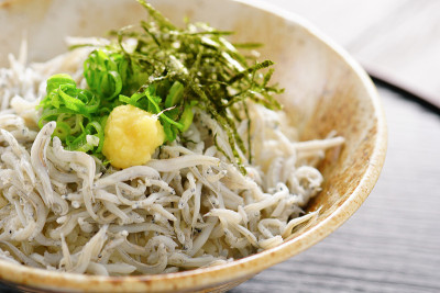 shirasu堂。银鱼碗。日本的食物。