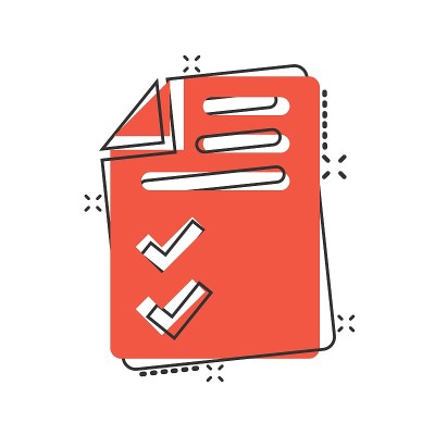 漫画风格的文档清单图标。报告在白色孤立背景上的卡通矢量插图。纸张飞溅效应的经营理念。