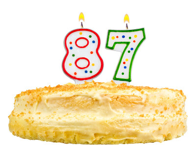 生日蛋糕与蜡烛数87孤立在白色