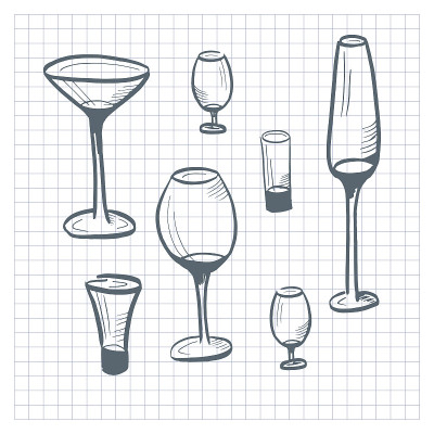 眼镜收藏。一套手绘涂鸦风格的酒杯为酒精饮料。矢量插图。