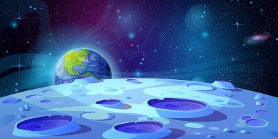 月球表面景观与环形山和地球在背景卡通矢量插图。月球地面，外太空的未来主义幻想，蓝色的岩石和洞。宇宙小