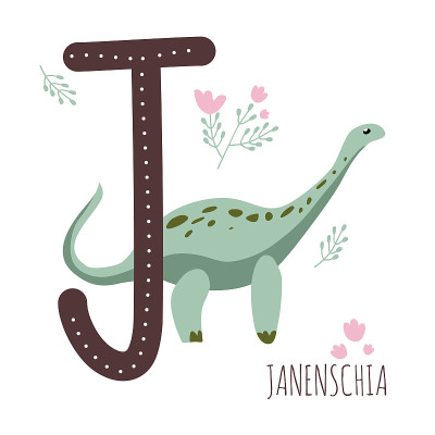 Janenschia。字母J加上爬行动物的名字。手绘可爱的食草恐龙。教育史前插图。恐龙字母表。素描侏