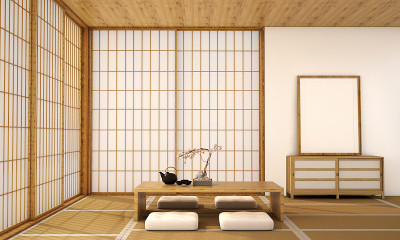 现代客厅室内设计，木地板，白色墙壁，设计日式风格，3d插图，3d渲染