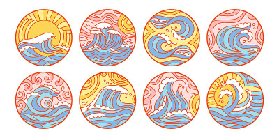 海浪嘟嘟圆日落日出set向量
