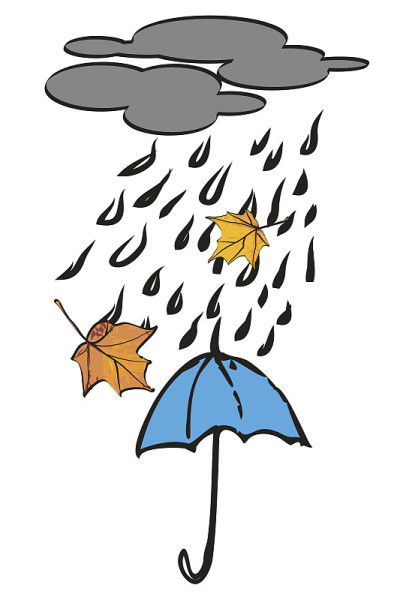 蓝伞下秋雨。矢量插图。