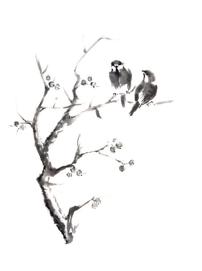 二鸟树原粟墨画。