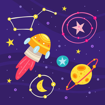 空间矢量平面插图，一套元素，贴纸，图标。孤立的背景。火箭、外星飞船、行星、星星、月亮、星座、星系、科