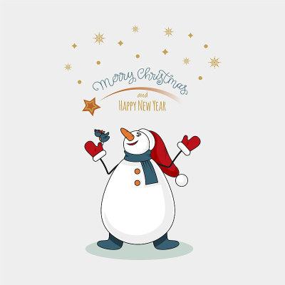 Christmas&New。雪人和鸟在看星星。