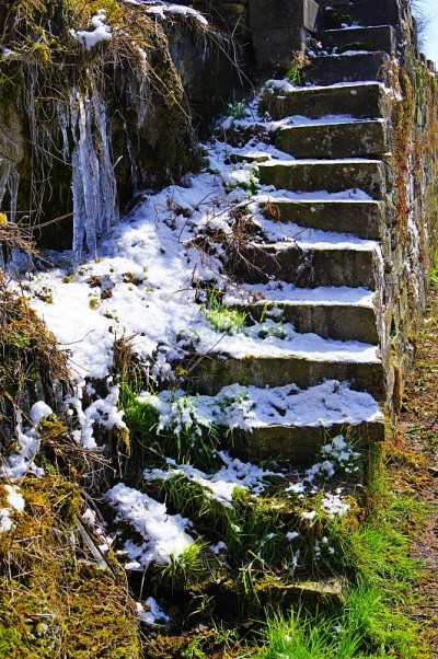 葡萄园的入口有雪，冰柱和草