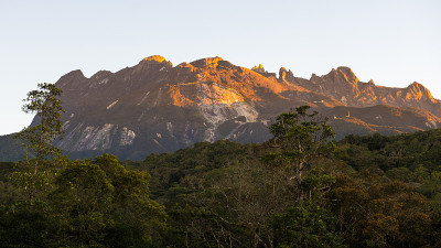 从基纳巴卢山公园的kota Kinabalu与阳光在岩石与绿色的树木。