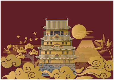 日式城堡和云彩的背景插图