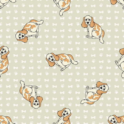手绘可爱可卡犬幼犬和犬种无缝矢量图案。有爪子背景的纯种纯种家犬。爱狗人士英国狩猎宠物全印。狗狗。每股