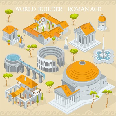 古罗马帝国时代地图建设者插图建筑元素在等距孤立矢量插图