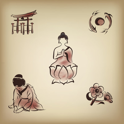 具有水墨画风格的日本文化符号