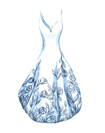 水彩婚纱插图。浅蓝色的柔情婚纱