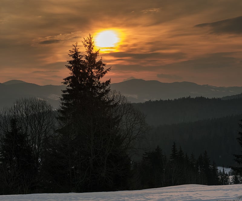 小高山村庄和冬季雪山在第一轮日出阳光的周围，沃罗年科，喀尔巴阡，乌克兰。