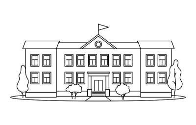 经典的学校建筑，白色背景上用黑色轮廓线画有圆柱，供孩子或小学生使用。