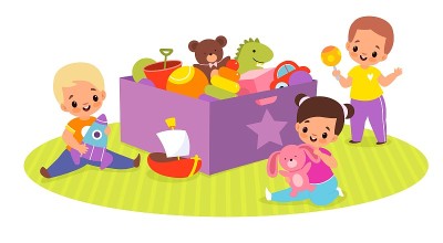 孩子们玩玩具盒。快乐的孩子们在游戏中围绕着大的玩具熊、毛绒球和恐龙、可爱的宝宝活动。小男孩和小女孩坐