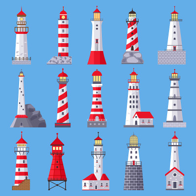 建筑的灯塔。带有探照灯的海上信标，海上船舶导航塔。灯塔建筑，灯塔塔矢量插图设置