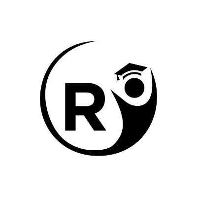 字母R教育标志模板。R字母上的教育标志，初始教育帽概念模板