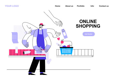 登陆页面模板的网上商店销售，年轻人卖家穿统一包装的产品，并提供一个伟大的服务。着陆页模板。矢量插图。