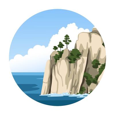 海洋岩石。简单的圆形矢量图与海景。