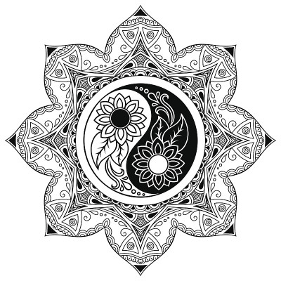 矢量指甲花纹身曼荼罗。阴阳装饰符号。手绘风格。
