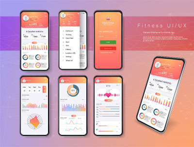 Different UI, UX, GUI screens fitness app and flat
