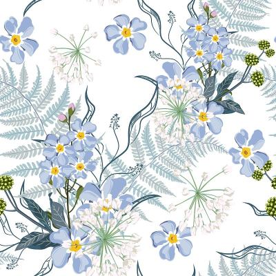 Spring summer blue forget-me-not flowers with herb