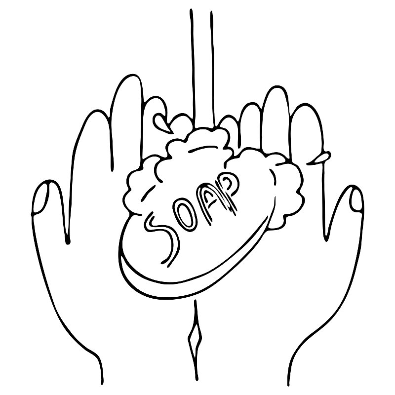 用肥皂、涂鸦风格的矢量元素、安全措施和个人防护来洗手