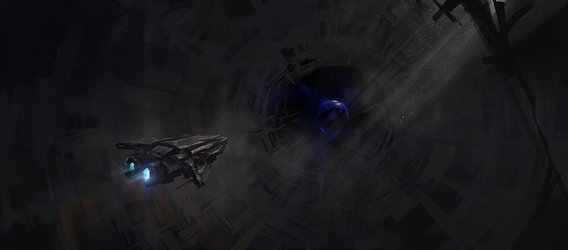 小型宇宙飞船航行在一个废弃的空间站，3d插图。