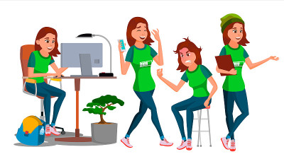 商业女性性格向量。年轻女性在不同的姿势。穿着办公室服装的少年职员。设计师,经理。卡通插图