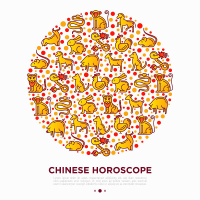 中国的生肖概念在圆细线上的图标:鸡、牛、鼠、龙、虎、兔、猪、马、狗、猴、羊。现代矢量插图日历，模板打