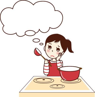 一个愁眉苦脸的年轻女子一边做饭一边思考。