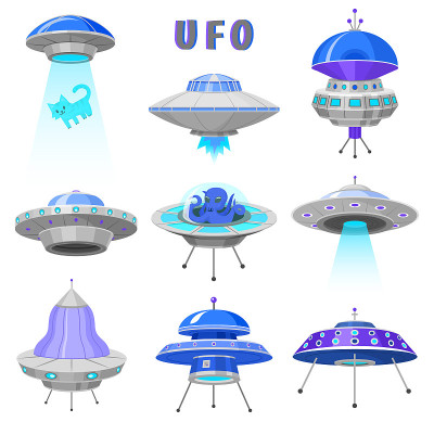 外星飞船，不明飞行物，奇异的火箭，宇宙飞船在宇宙空间。矢量插图上的白色背景。GUI元素。平面游戏，卡