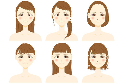 女孩人物插图与各种发型。