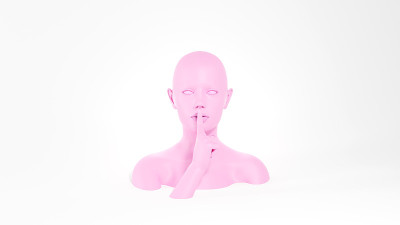 嘘的手势。粉色女模特展示嘘嘘标志。秘密的概念。3 d渲染图像。