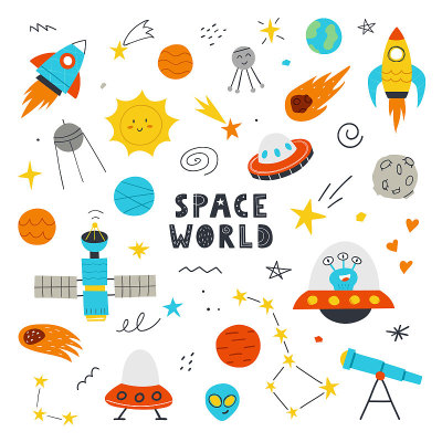 手绘的可爱空间集。矢量插图。儿童印刷的概念。行星，外星人，火箭，不明飞行物，星星被隔离在白色的背景上