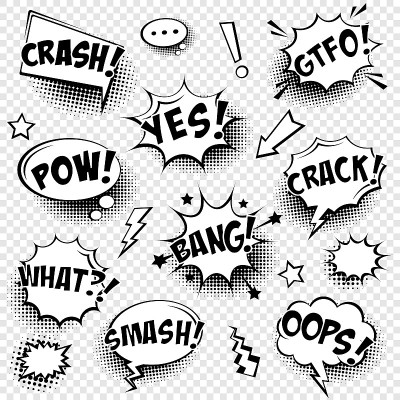 Comic speech bubbles with halftone shadow and text