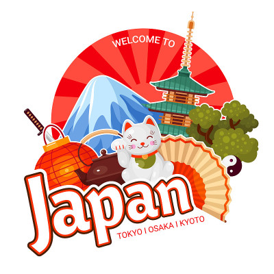 欢迎来到日本观光旗。日本文化的象征。手扇、盆景、灯笼。
