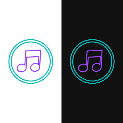 线条音乐音符，音调图标孤立在白色和黑色背景。色彩斑斓的轮廓的概念。向量