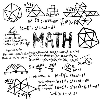 一张白纸上写满了数学和几何中的科学公式和计算。面向科教领域设计看台的矢量模型。涂鸦风格。