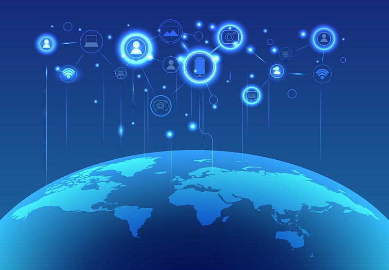 全球网络连接。多边形世界地图。点和线万维网结构。
