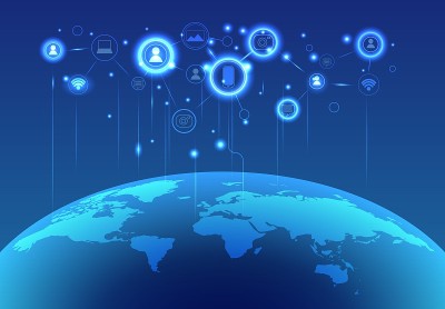 全球网络连接。多边形世界地图。点和线万维网结构。