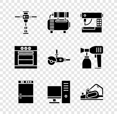 集施工手提钻、空压机、缝纫机、冰箱、电脑显示器、电动刨工具等图标。向量